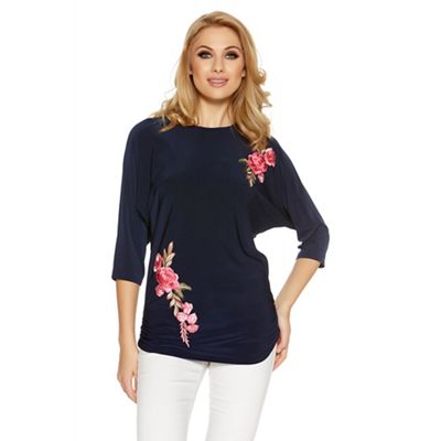 Navy and pink flower embroidery batwing top